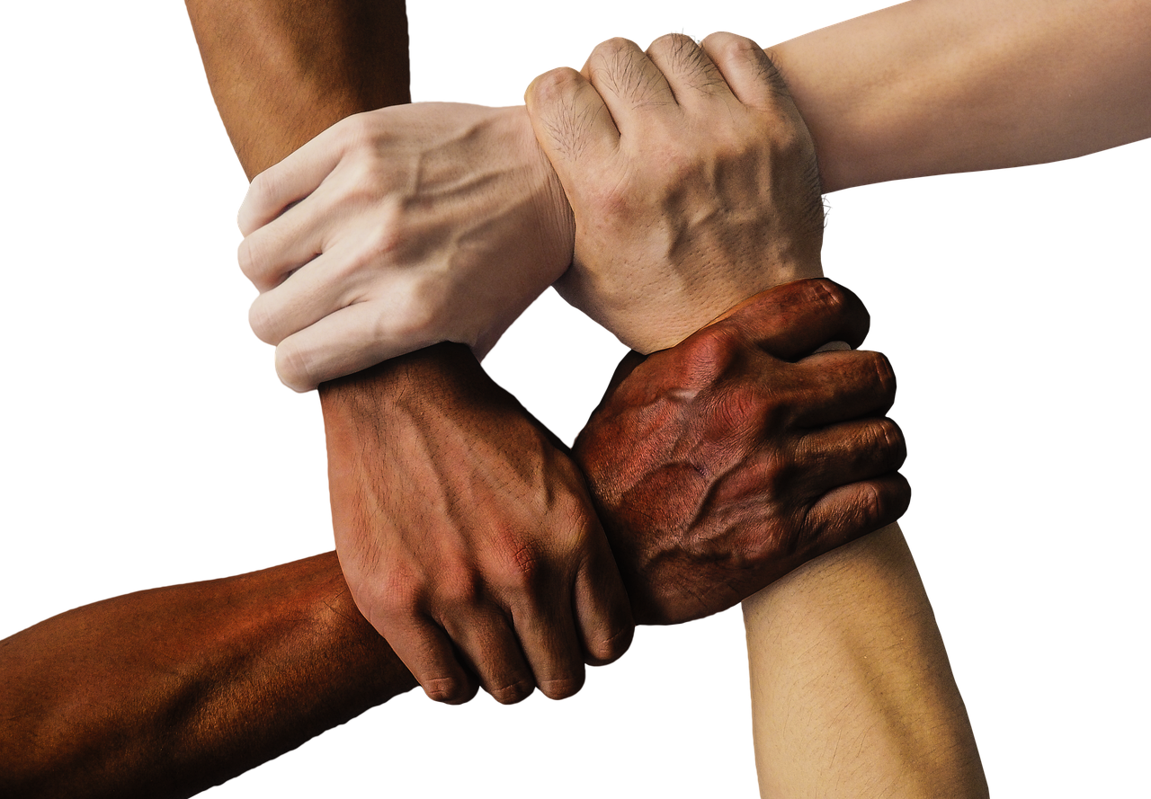 Four arms, each hand holding one other person's wrist