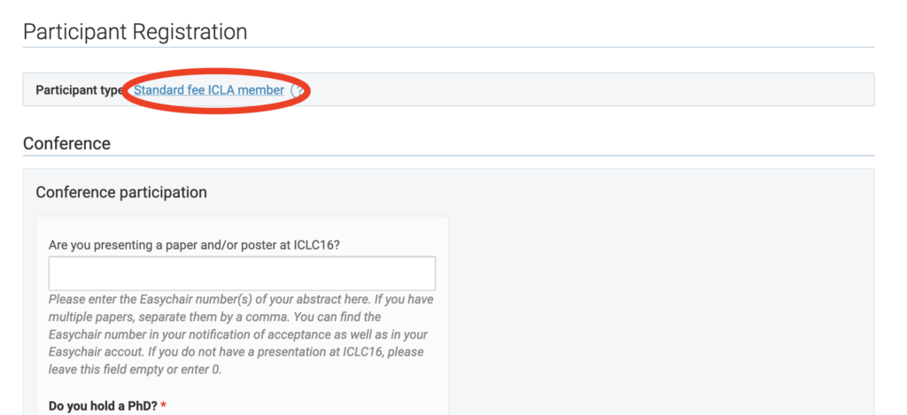 Screenshot of ICLC16 registration interface
