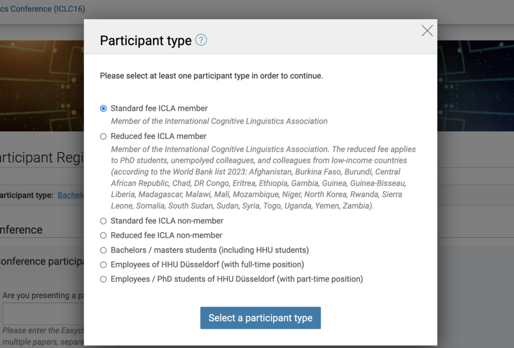Screenshot of the registration interface (selection of participant type)